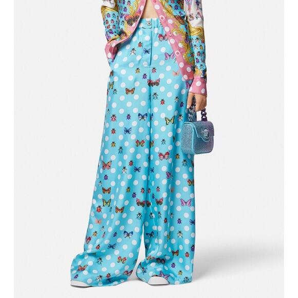 Versace Pants IT 40 US 4 Blue Butterflies Polka Dot Silk Wide-Leg NWT $1,825 - Picture 1 of 16